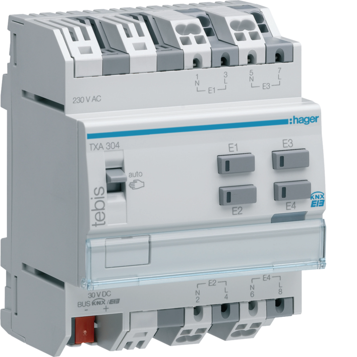 Датчик Hager TXA304, кнопка, на 4 модуля, KNX, 230V AC