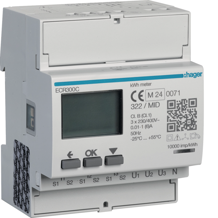 Hager ECR300C 3-Phase kWh Meter via CT 1-5A 4M Modbus MID
