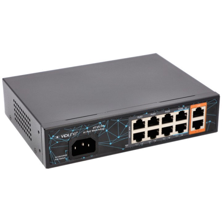 VidiLine VIDI-F0820GBL_V2 8-Port PoE Switch with 2 Gigabit Uplink Ports, 120W PoE Budget
