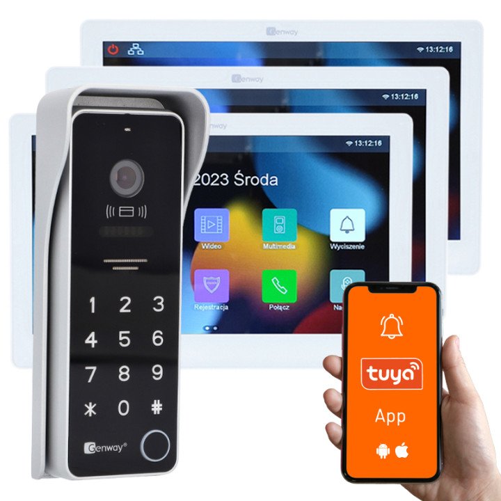 Genway KIT-F-S9-V14-2W-3 2-Wire Video Intercom Kit with 3x 10" Touch Monitors, Tuya WiFi