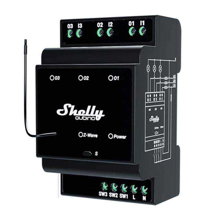 3 kanālu standarta DIN Shelly Qubino Wave Pro 3 Z-Wave