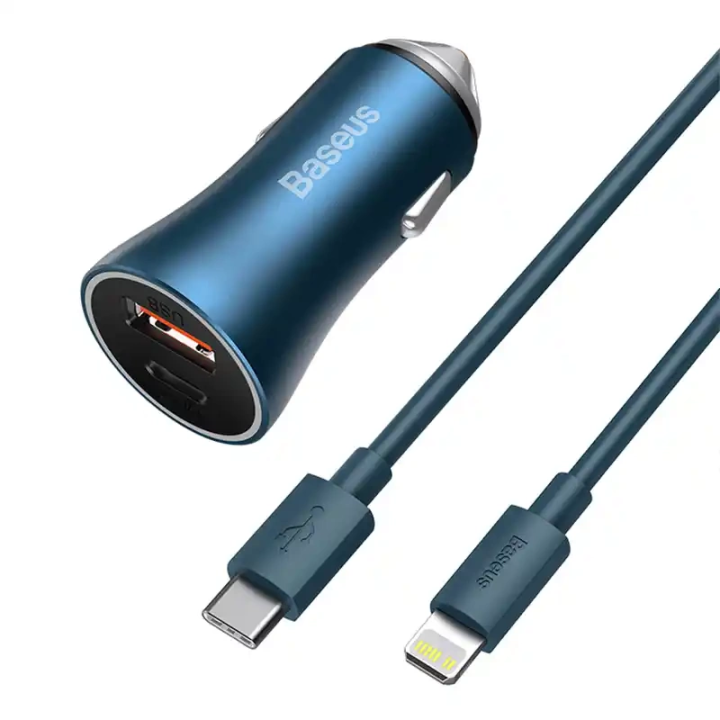 Baseus Golden Contactor Pro Car Charger TZCCJD-03 40W USB + USB-C QC4.0+ PD SCP Blue + 1m USB-C to Lightning Cable