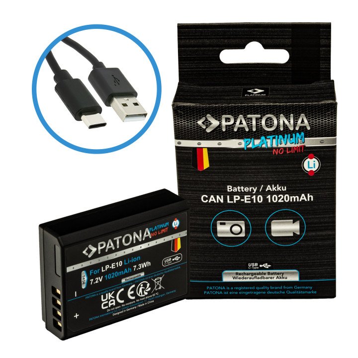 Patona PT1404 Platinum USB-C Charging Battery for Canon LP-E10 1020mAh Li-Ion