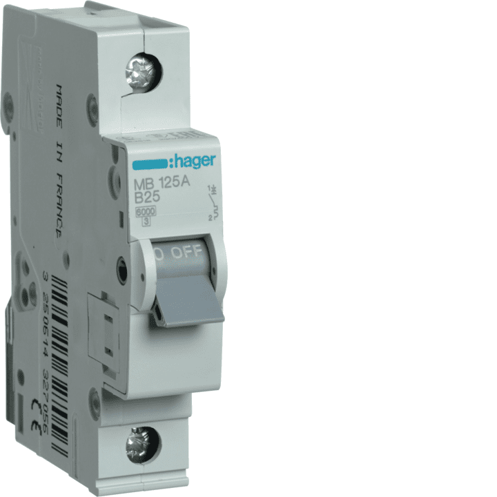 Автоматический выключатель Hager MBS125 MCB, 1P, B-Curve, 25A, 6kA
