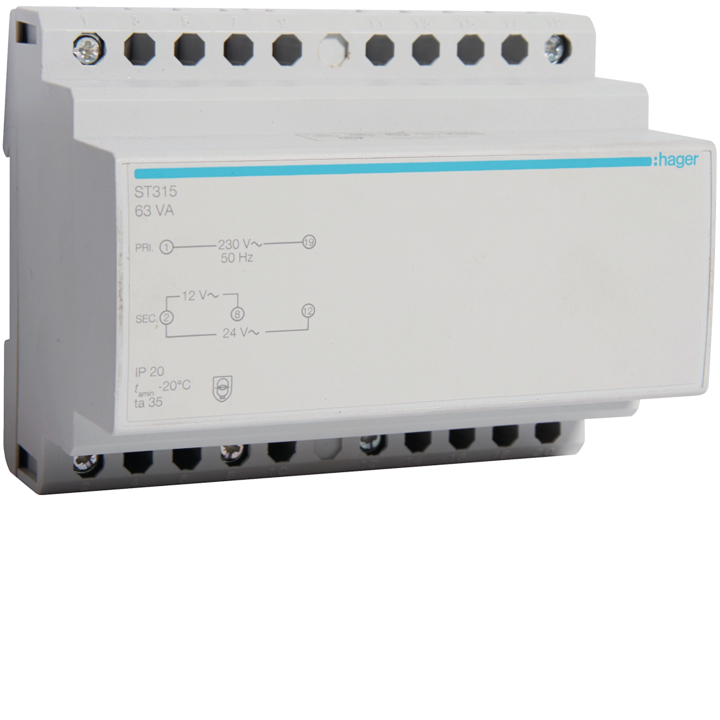 Трансформатор Hager ST315, безопасный, 63VA, 230V до 12-24V
