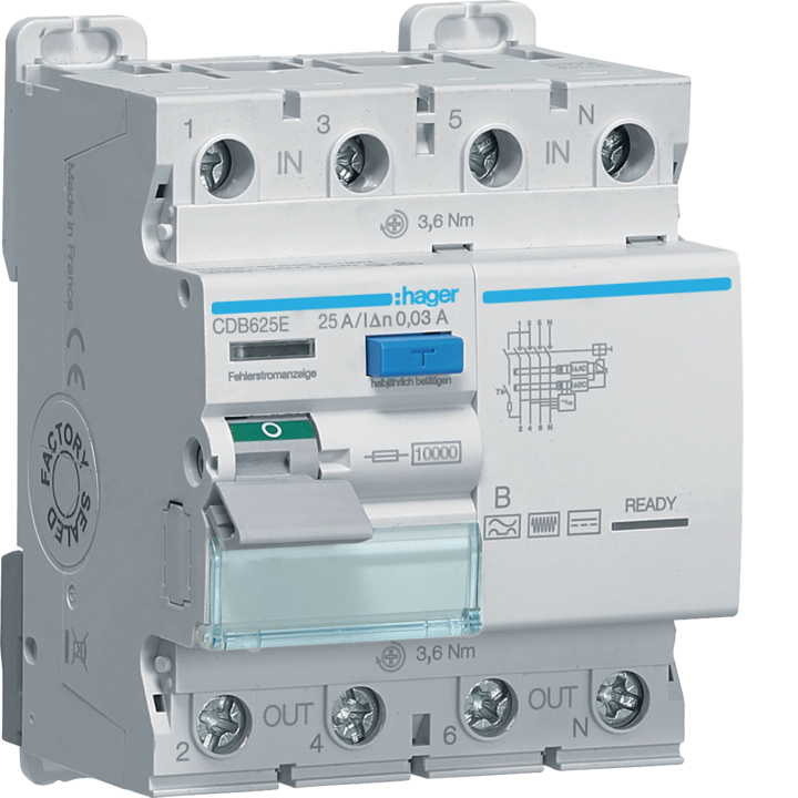Hager CDB625E RCCB 3P+N 25A 30mA Type AC