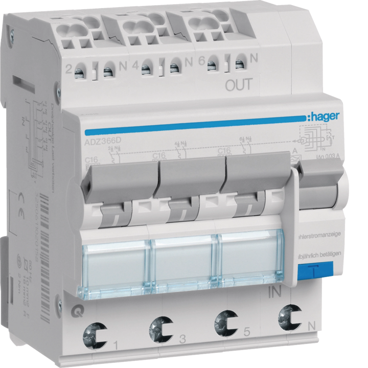 Hager ADZ366D RCBO 3P+N 6kA C-16A 30mA Type A