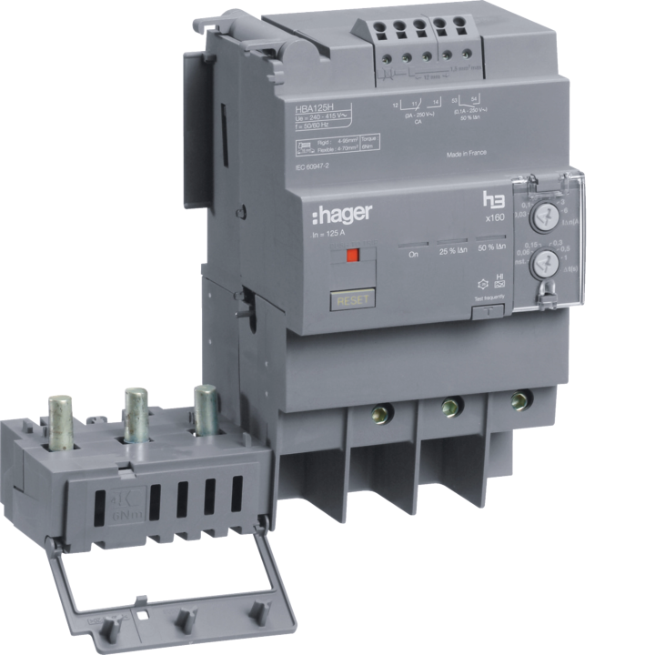 Блок расширения УЗО Hager HBA125H, 3P, 125A, регулируемая чувствительность