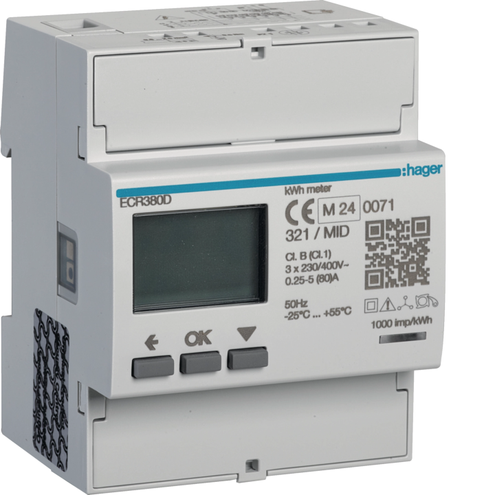 Hager ECR380D 3-Phase kWh Meter Direct 80A 4M Modbus MID