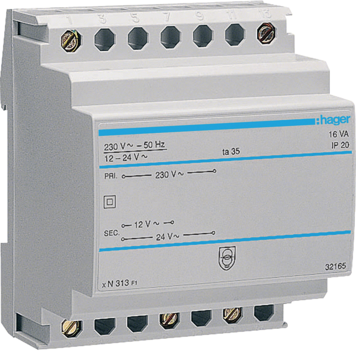 Защитный трансформатор Hager ST313, 16VA 230V 12-24V