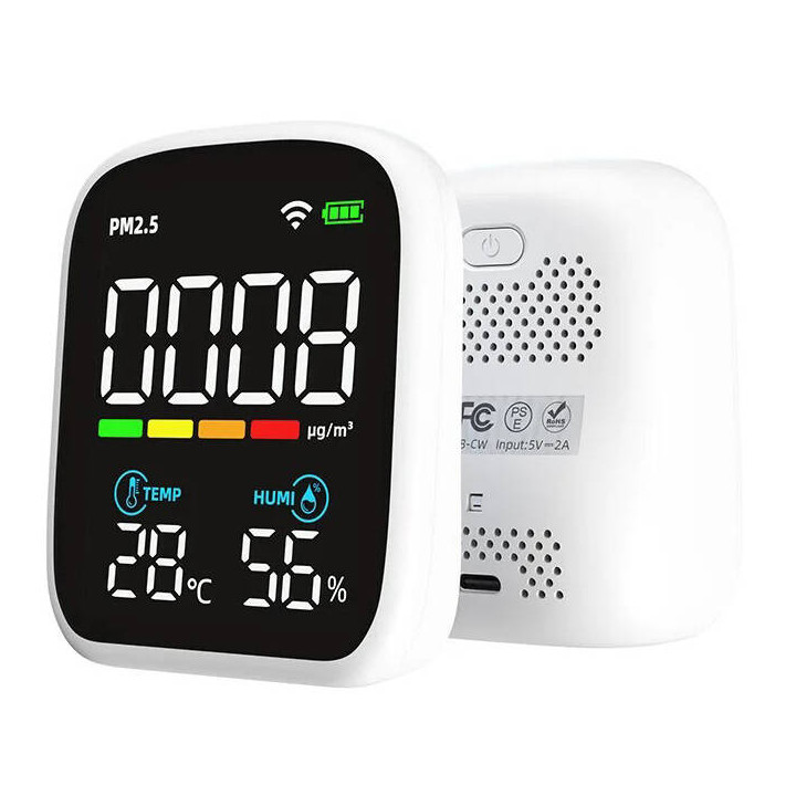 PM2.5 gaisa kvalitātes sensors ar temperatūras un mitruma mērīšanu. WiFi TUYA