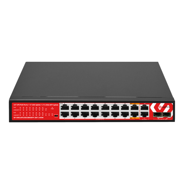 Коммутатор SAFIRE SF-SW16FE2GE2MGSFP-2BT-240W с поддержкой PoE+, 16 портов PoE, 2 Gigabit Uplink, 2 SFP, 240W