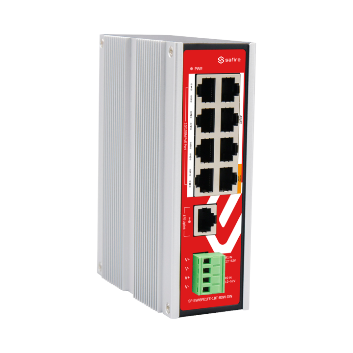 SAFIRE SF-SWI8FE1FE-1BT-80W-DIN 8-Port Managed PoE+ Switch, 1 Uplink, 80W, DIN Rail