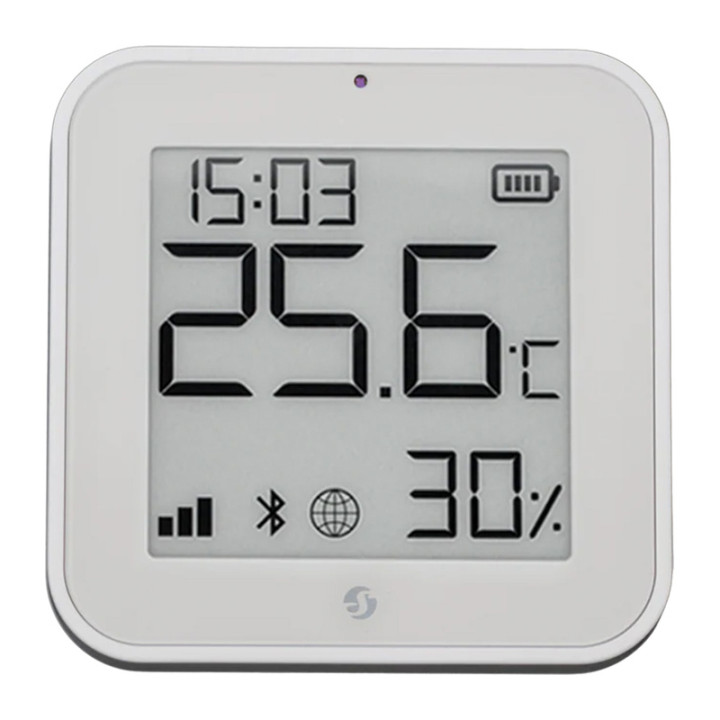 Shelly BLU H&T displejs ZB – temperatūras, mitruma un gaismas sensors ar e-papīra displeju, Zigbee, Bluetooth, balts