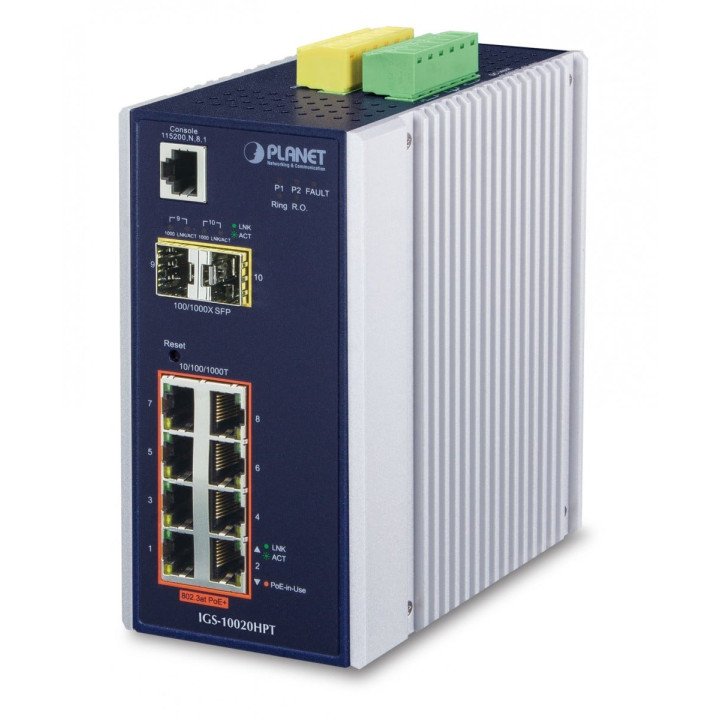 PLANET IGS-10020HPT Industrialais PoE+ slēdzis 8+2 SFP