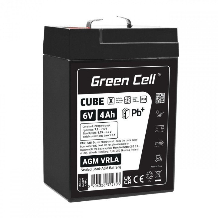 Green Cell AGM6V4AH-J 6V 4Ah AGM VRLA IP54 akumulators