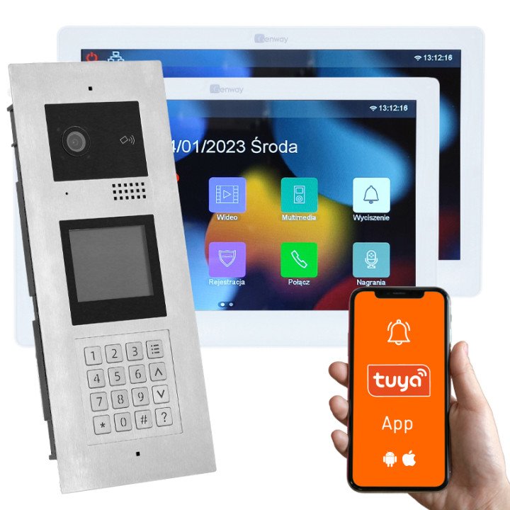 Genway KIT-F-M91-V13-2 Multi-Apartment Video Intercom Kit with Two Touch Monitors, 2 Families, Code/Card/Key Fob Opening, Tuya S