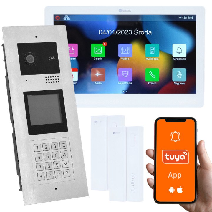 Genway KIT-F-M91-V1301-ALL2 Multi-Family Video Intercom Kit for 3 Families, Code/Card/Key Fob Entry, Tuya Smartphone App