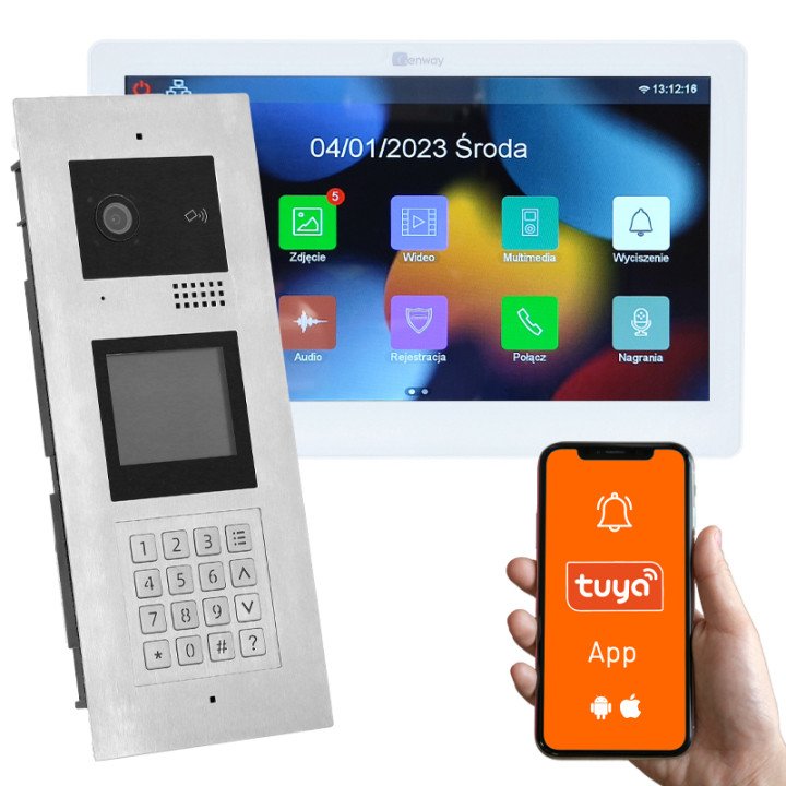 Genway KIT-F-M91-V14-1 Multi-Family Video Intercom Kit with Touchscreen Monitor, 1 Family, Code/Card/Fob Entry, Tuya Smartphone 
