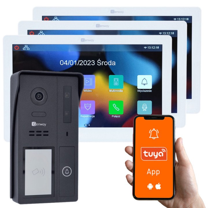 Genway KIT-F-S61-V14-3 Video Intercom Kit – 2-Wire, 3x 10" Touch Monitors, WiFi & Tuya Smart
