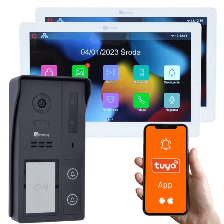 Genway KIT-F-S62-V13-2 2-Wire Video Intercom Kit with Two 7" Touchscreen Monitors, WiFi & Tuya