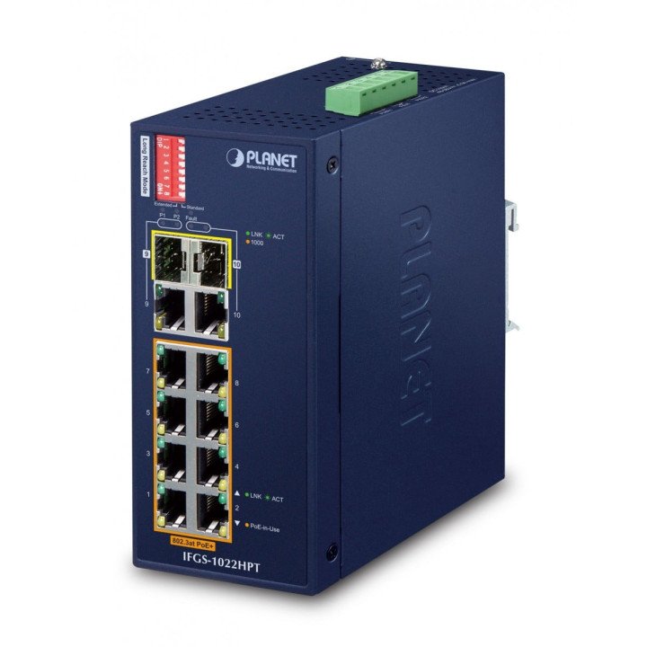 PLANET IFGS-1022HPT Industriālais PoE+ slēdzis 8 porti