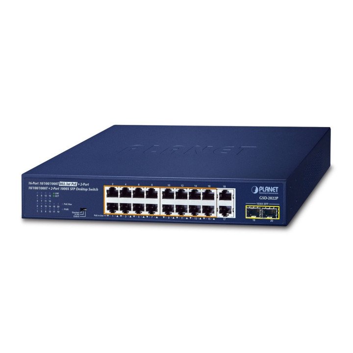 PLANET GSD-2022P 16 portu Gigabit PoE+ slēdzis 185W nepārvaldīts