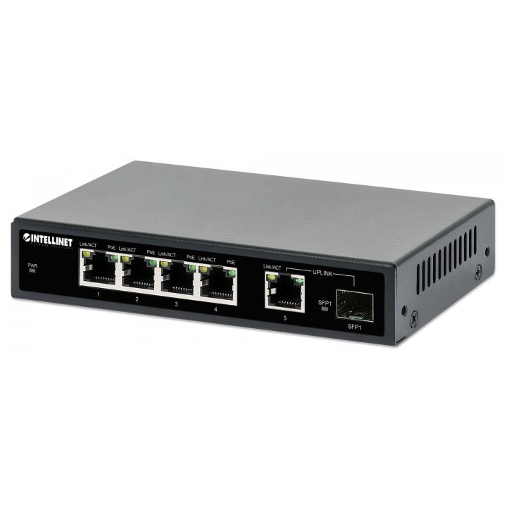Intellinet 561822 5 portu Gigabit PoE+ slēdzis ar SFP
