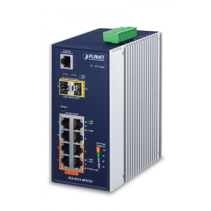 PLANET IGS-4215-4P4T2S rūpnieciskais pārvaldītais PoE+ slēdzis 4 PoE+ 4 RJ45 2 SFP