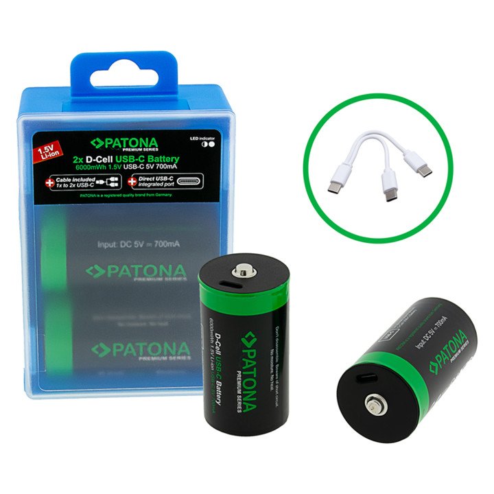 Patona PT1412 Battery LR20 Mono D Li-ion 4000mAh 1.5V-2ks with USB-C Charger