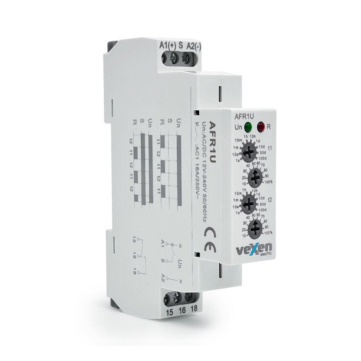 VEXEN AFR1U asimetriskais laika relejs 1CO 16A AC/DC 12-230V