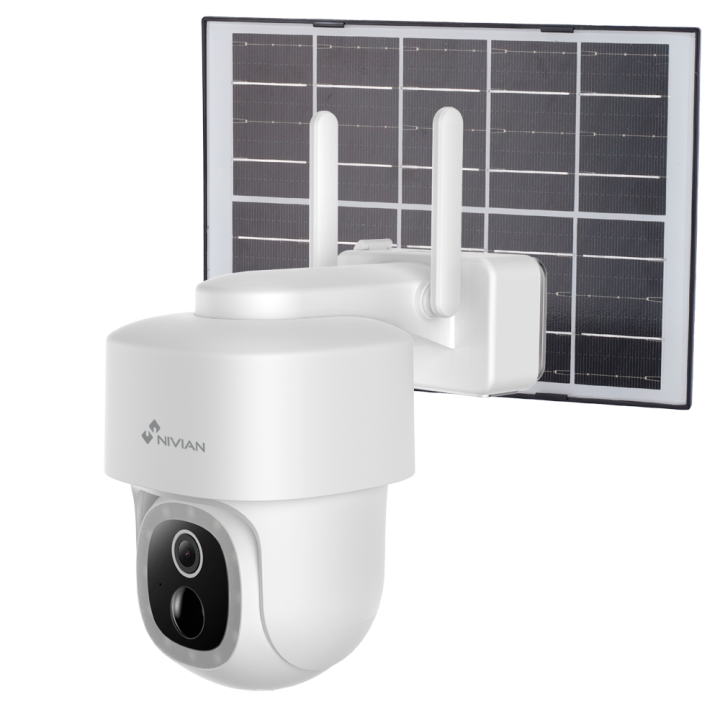 NIVIAN RETAIL NVS-IPC-08S-BATSOLAR-L 3MP PTZ kupolveida kamera ar Wi-Fi, PoE, IP65, 8m IR, balto gaismu un microSD līdz 256GB