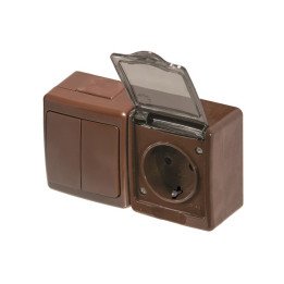 BETA bloks virsapmetuma slēdzis 1+1 + rozete ar sazemējumu ar caurspīdīgu vāku brūns IP44