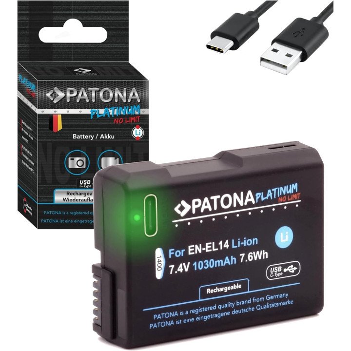 Patona PT1400 Li-ion Battery for Nikon EN-EL14/EN-EL14A 1030mAh with USB-C Charging