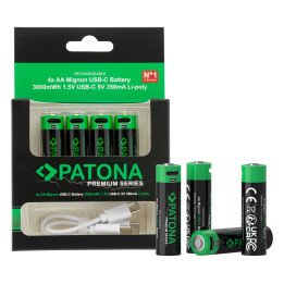Patona PT1410 AA/LR6 Li-Pol 2000mAh 1.5V Rechargeable Battery 4-Pack with USB-C Charging