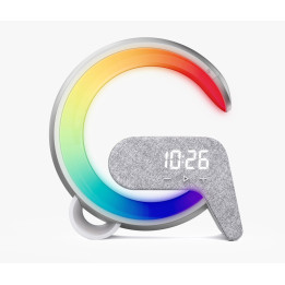 LED relaksācijas lampa Immax FLAMINGO ar QI uzlādi, modinātājs, RGB, USB izeja, sudrabs