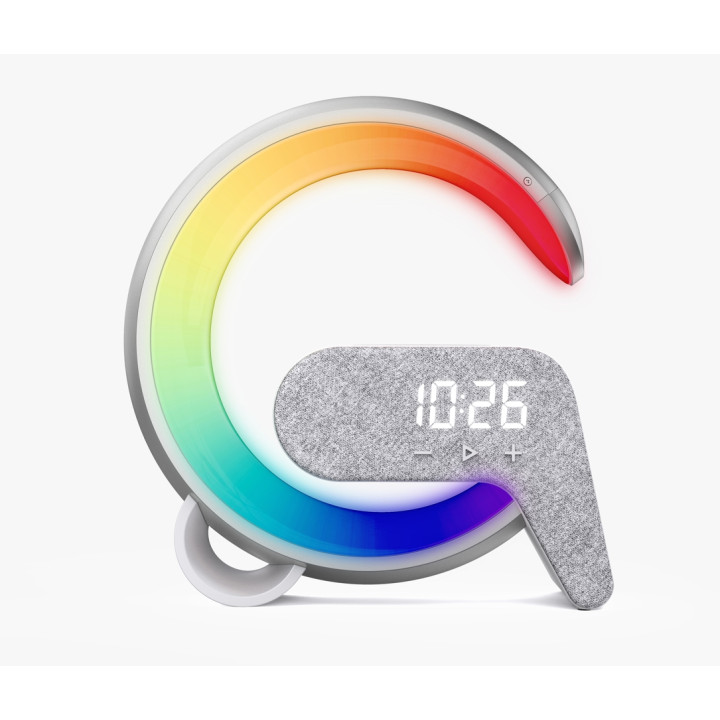 LED relaksācijas lampa Immax FLAMINGO ar QI uzlādi, modinātājs, RGB, USB izeja, sudrabs