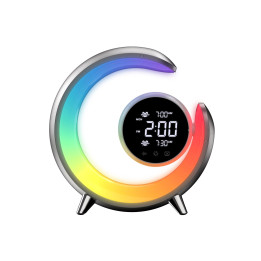 LED naktslampa, modinātājs Immax PEACOCK ar pulksteni, RGB gaismu un USB pieslēgvietu, Sudraba