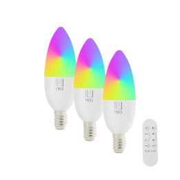 Immax NEO LITE Smart 3x LED spuldze E14 6W RGB + CCT krāsa un balta, regulējama, WiFi, C37, Bāka, tālvadības pults