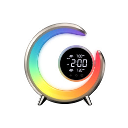 LED naktslampa, modinātājs Immax PEACOCK ar pulksteni, RGB gaismu un USB portu, zelts