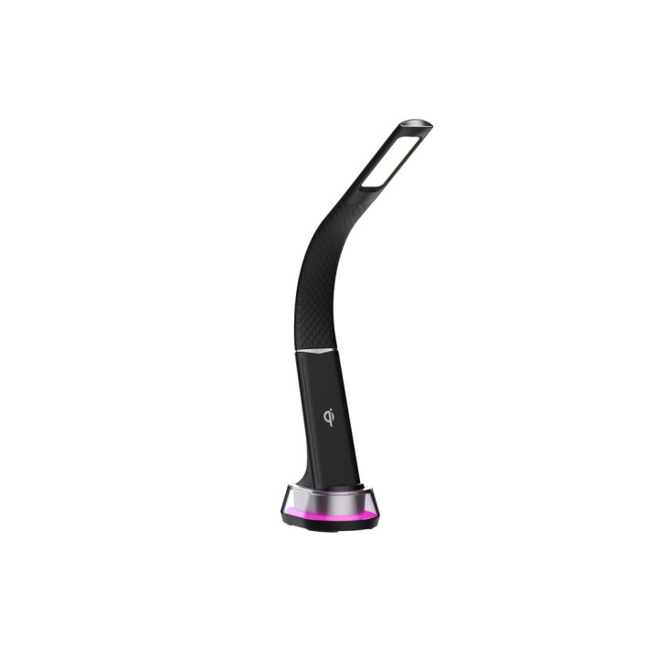 Immax CORELLA LED galda lampa ar Qi uzlādes melniem + sudraba elementiem, RGB fona apgaismojumu