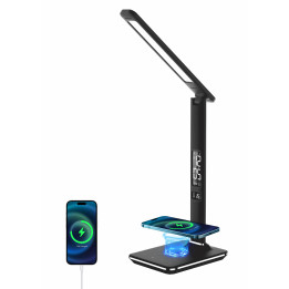 Immax KINGFISHER Qi melna LED galda lampa ar Qi un USB bezvadu uzlādi