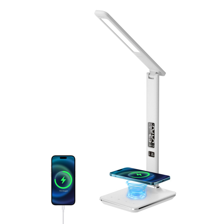 Immax KINGFISHER Qi balta LED galda lampa ar Qi un USB bezvadu uzlādi