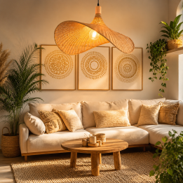 Immax BOHO SOMBRERO dizaina piekarināmais gaismeklis D70cm, E27 dabīgā rotangpalma