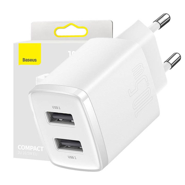 Baseus kompaktais ātrais lādētājs, 2x USB, 10,5 W (balts)