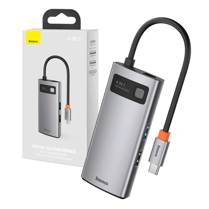 Hub 4in1 Baseus Metal Gleam Series, USB-C uz USB 3.0 + USB 2.0 + HDMI + USB-C PD