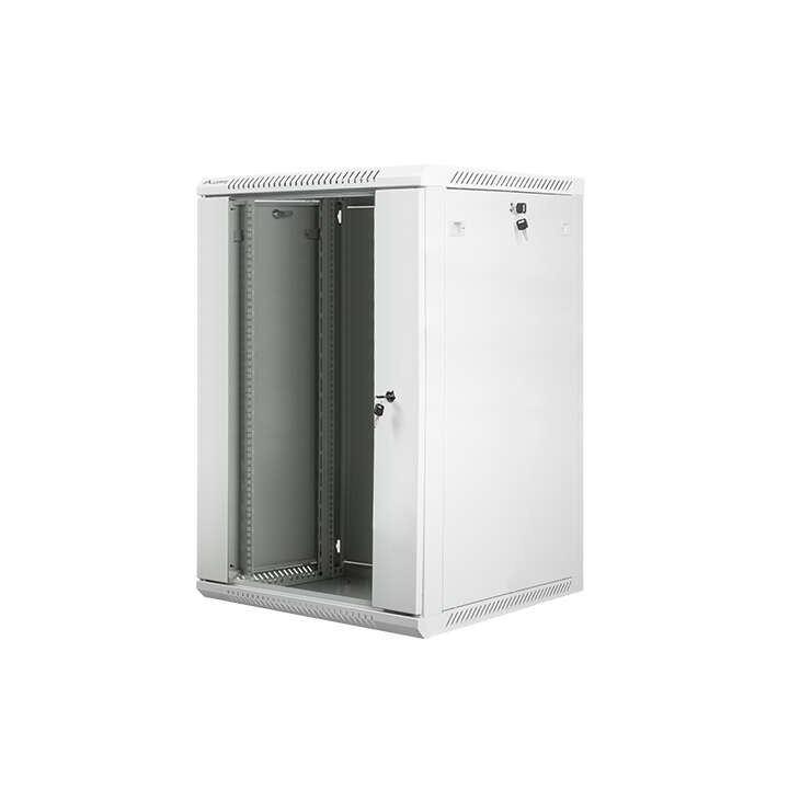 Lanberg :: Шкаф-стойка 19 дюймов для настенного монтажа 18U/600X600 (плоский корпус) V2 Серая стеклянная дверь