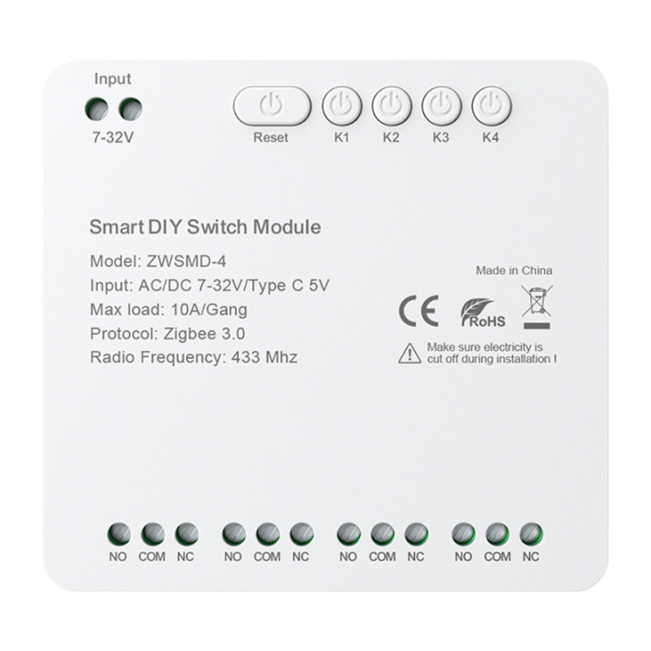 4 kanālu ZigBee slēdža modulis ar bezsprieguma līdzstrāvas 32V kontaktu Avatto ZWSMMD-4-32V