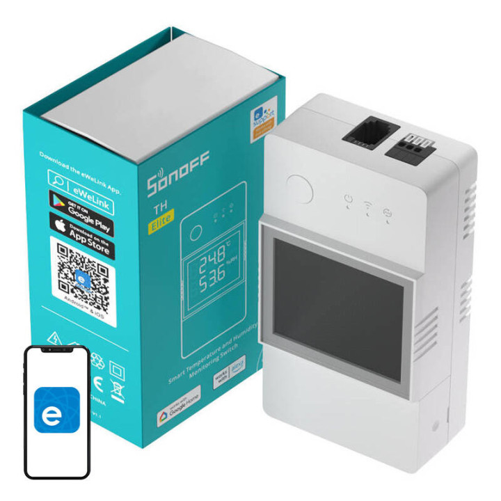 Sonoff TH20 Elite (R3) WiFi viedais relejs (230V/20A un NO/NC sausais kontakts) ar sensora ieeju un LCD ekrānu (THR320D) - Sonof