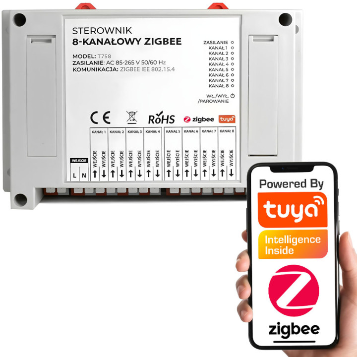 Bezsprieguma 8 kanālu kontrolieris 8x10A ZigBee TUYA